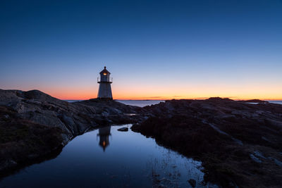 Lighthouse amidst buildings against clear sky during sunset