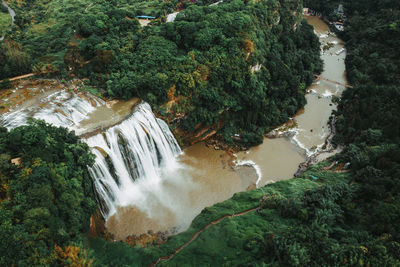 High angle view of waterfall in forest