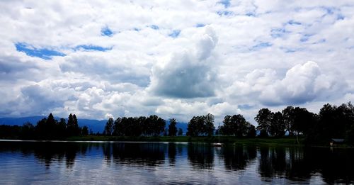 Scenic view of lake against cloudy sky