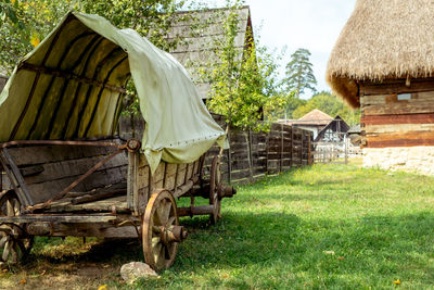 Old covered wagon in the backyard