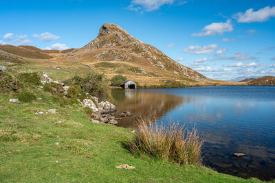 Scenic view of lake and mountains against sky