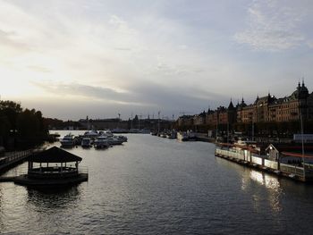 Bridge over river amidst buildings in city against sky