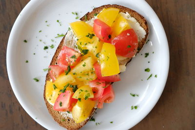 High angle view of breakfast served in plate