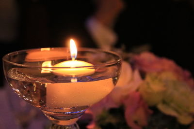 Close-up of illuminated tea light candle