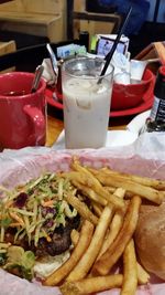 Close-up of food served on table
