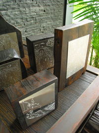 High angle view of chairs on table