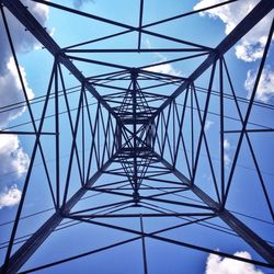 Directly below shot of electricity pylon against blue sky