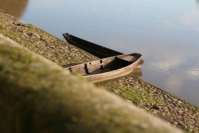 High angle view of old ship moored on lake