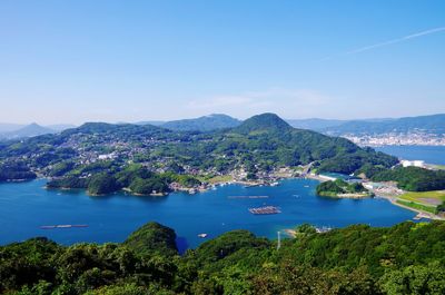 Scenic view of sea and mountains against sky