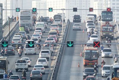 High angle view of traffic on road in city