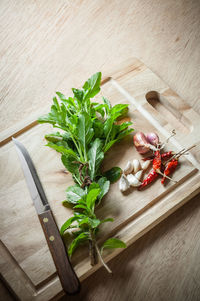 High angle view of basil by garlic and onion with chili pepper on cutting board