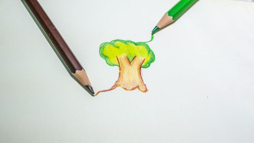 High angle view of multi colored pencils on white background