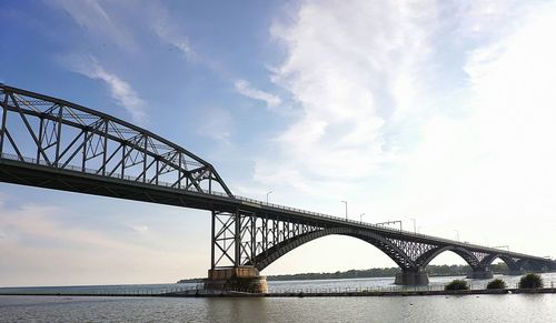 Low angle view of bridge against cloudy sky