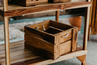 Close-up of wooden box at home