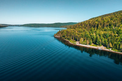 Scenic view of lake against clear blue sky