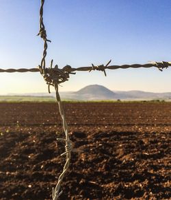 Barbed wire fence on field