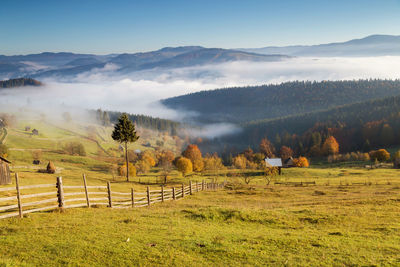 Scenic view of field and mountains against sky