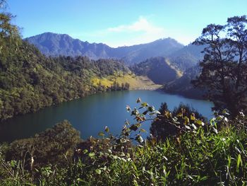 Scenic view of lake and mountains against sky