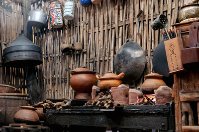 Variety and types of utensils for simple cooking of asian families in the past. 