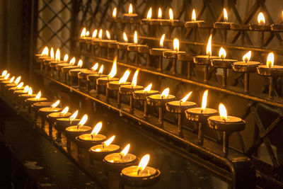 Illuminated candles burning in temple