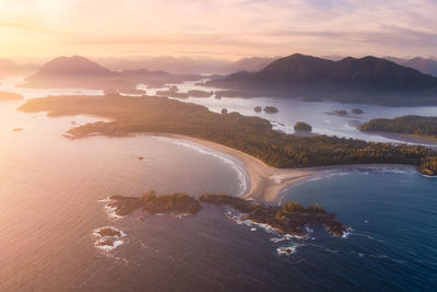 High angle view of sea against sky during sunset