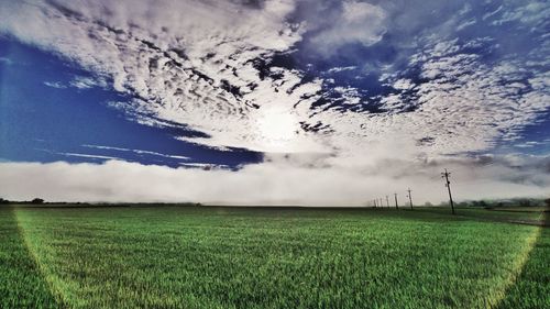 Scenic view of grassy field against cloudy sky