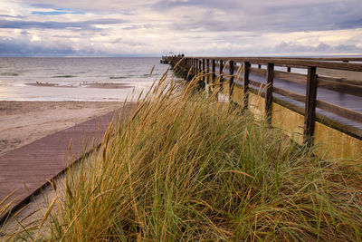 Wooden posts on beach against sky