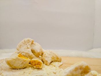 Close-up of cookies against white background