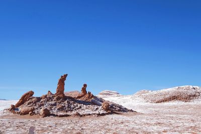 Scenic view of desert against clear blue sky