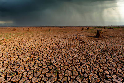 Scenic view of cracked land against sky