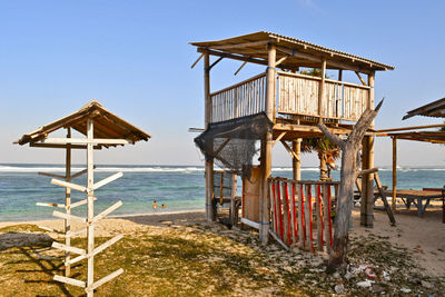 Lifeguard hut on beach against clear sky