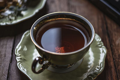 High angle view of coffee cup on table