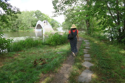 Rear view of men walking on grass by trees