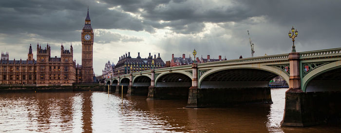 Bridge over river in city against cloudy sky