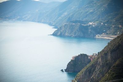 High angle view of bay against sky