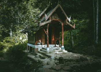 Gazebo amidst trees and building in forest