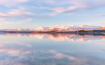 Panoramic view of lake by mountains against sky during sunset