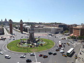 High angle view of city street against clear sky