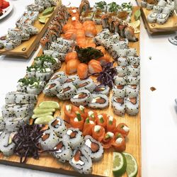 High angle view of sushi in plate on table