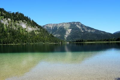 Scenic view of lake and mountains against clear blue sky