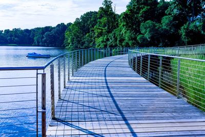 Boardwalk amidst trees against sky