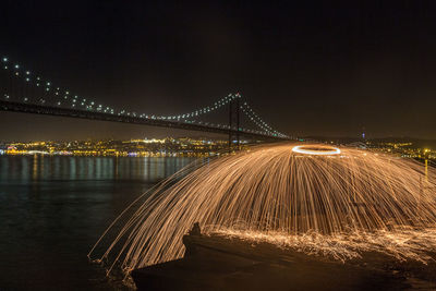 Illuminated bridge over river at night