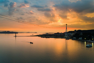 Scenic view of river against orange sky