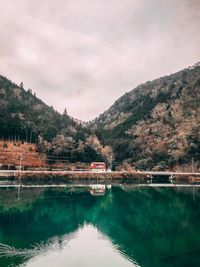 Scenic view of lake by trees against sky
