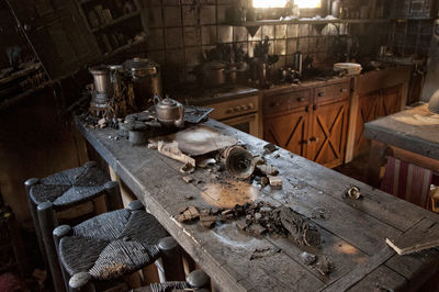 High angle view of abandoned kitchen in home