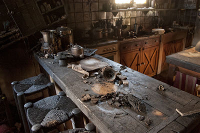 High angle view of old machinery on table