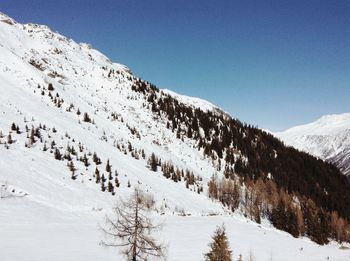 Low angle view of snowcapped mountains against clear blue sky