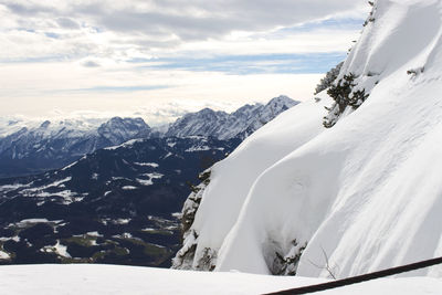 Scenic view of snow covered mountains against sky