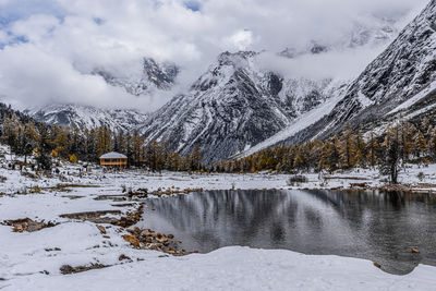 Scenic view of lake by snowcapped mountains against sky