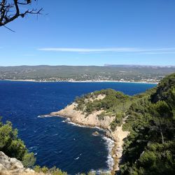 High angle view of bay against blue sky